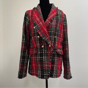Rachel Zoe Red Tartan Plaid Tweed Blazer with Fringe | Women’s M